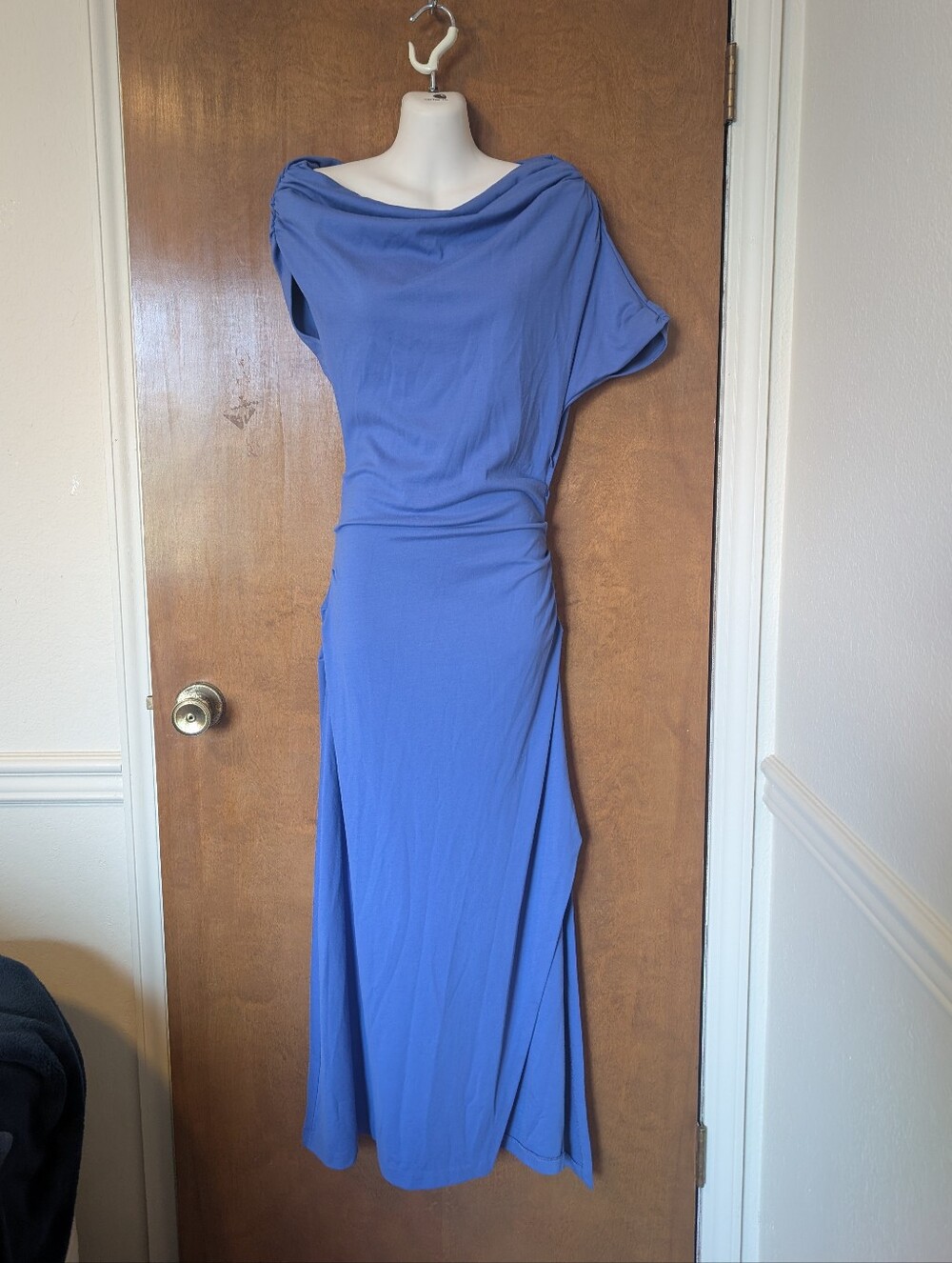 Amanda Uprichard Columba in China Blue Short Sleeve Off Shoulder Midi Dress